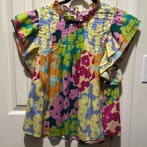 Crosby Pink and Yellow Floral Blouse with Smocked Neckline
